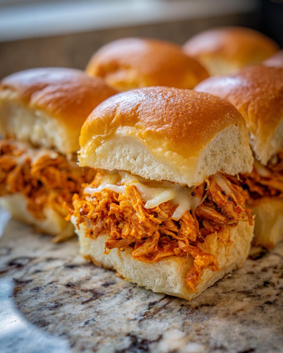 A close-up of one of the amazing buffalo chicken sliders filled with shredded orange chicken and melted white cheese.
