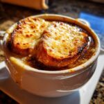 A close-up, appetizing shot of french onion soup topped with melted, browned cheese over croutons.