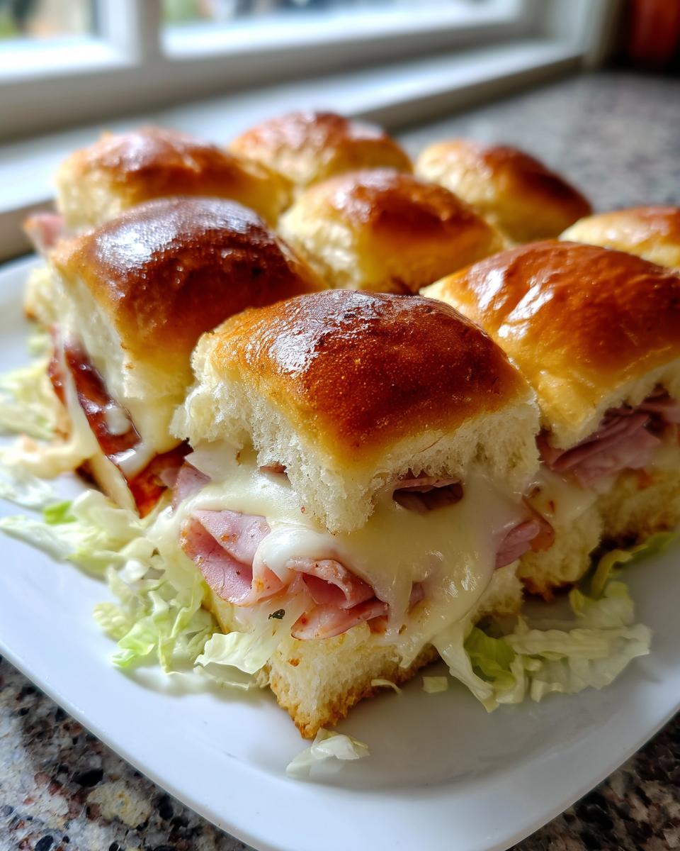 A plate of freshly baked, glossy-topped grinder sliders filled with ham and melted white cheese, resting on shredded lettuce.