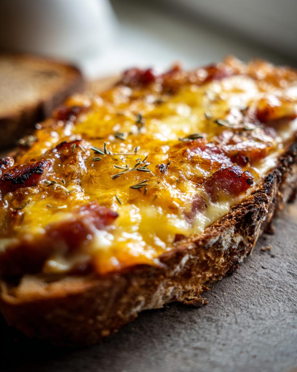 Close-up of a slice of toast topped with melted cheese, bacon bits, and herbs, representing the hanky panky recipe.