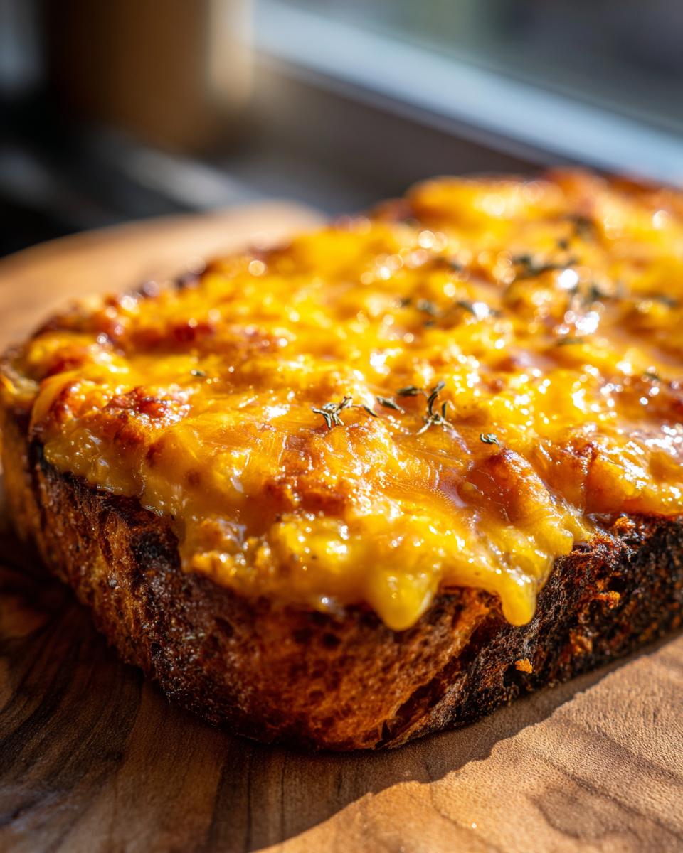 Close-up of a piece of toasted bread topped with melted, golden-brown cheese mixture for the hanky panky recipe.