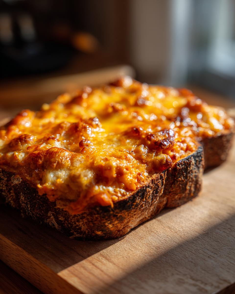Close-up of cheesy, baked hanky panky recipe spread generously over toasted bread.