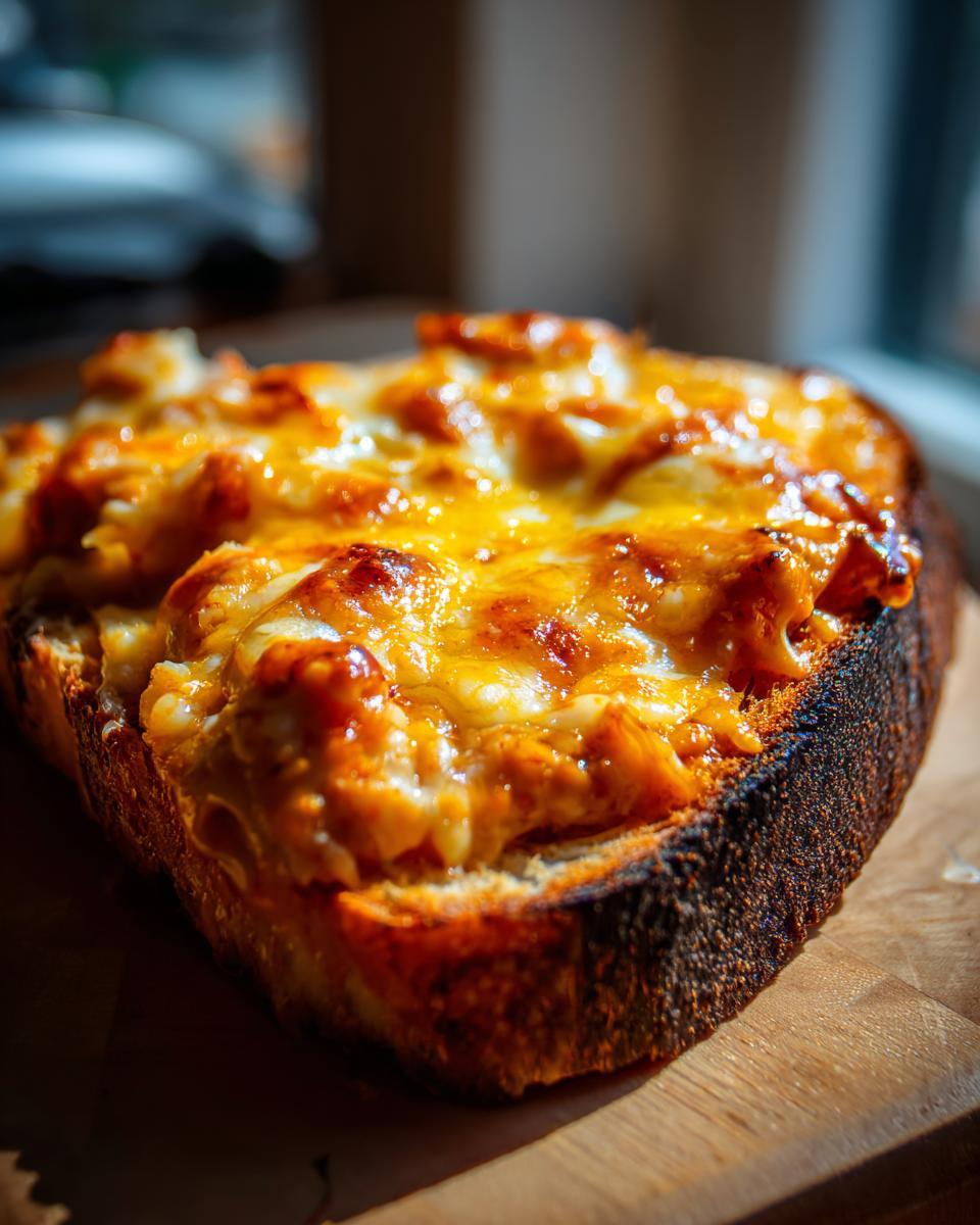 Close-up of a piece of toast topped with a bubbly, melted, cheesy mixture from the hanky panky recipe.