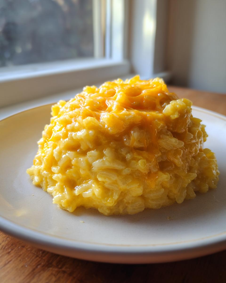 A close-up of a warm serving of cheesy rice topped with melted orange cheddar cheese.
