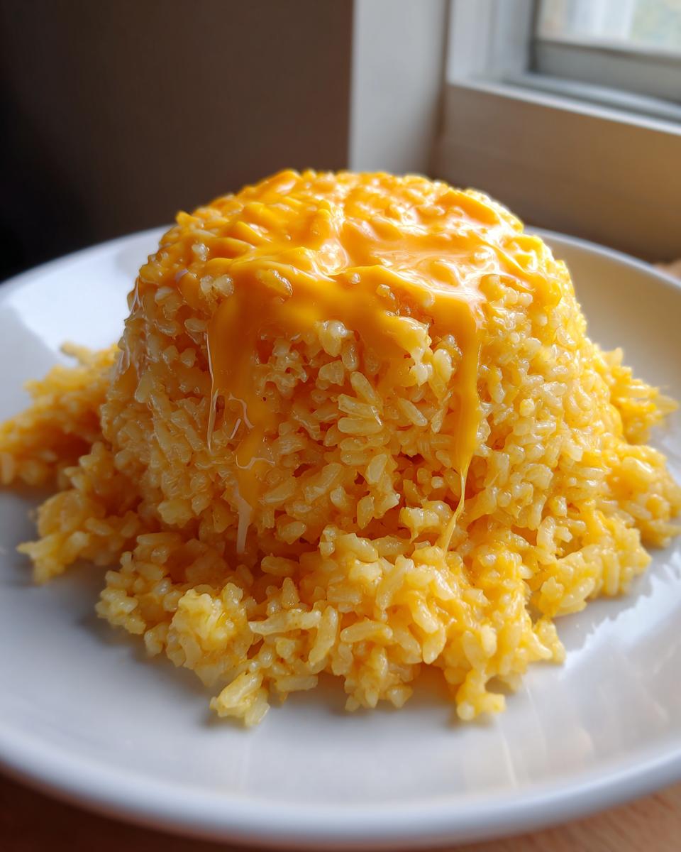 A perfectly molded mound of bright yellow cheesy rice topped with a generous drizzle of melted cheddar cheese sauce.