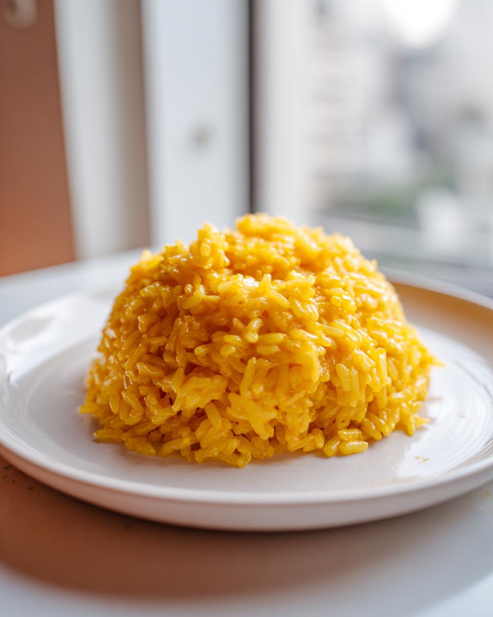 A perfectly molded mound of bright yellow, creamy cheesy rice served on a simple white plate.