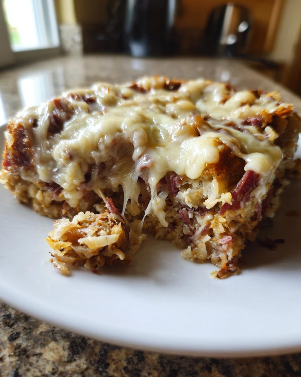 A close-up of a gooey, cheesy slice of homemade reuben bake showing corned beef and melted Swiss cheese.