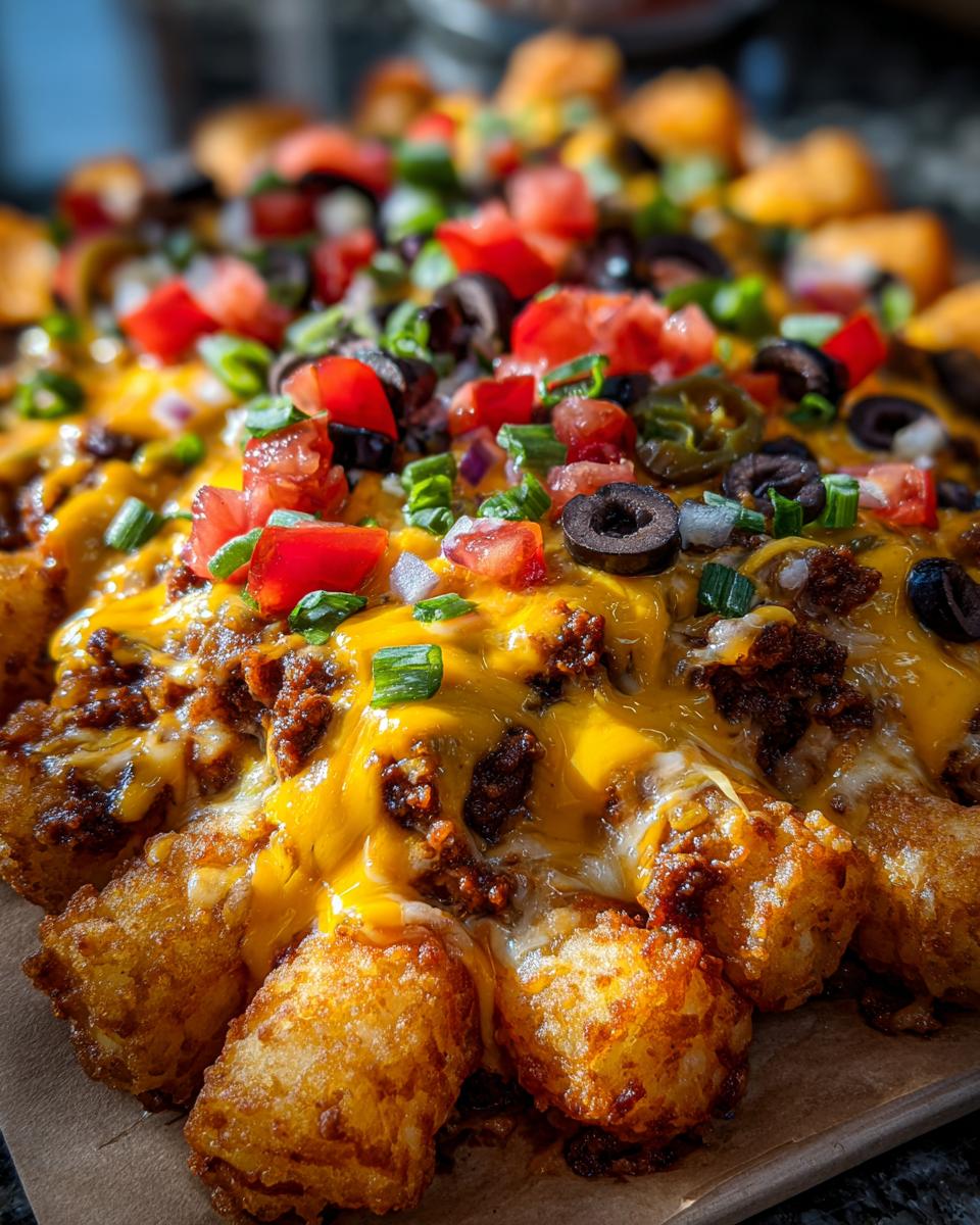 Close-up, appetizing shot of cheesy tater tot nachos loaded with seasoned ground beef, melted cheddar, tomatoes, olives, and green onions.