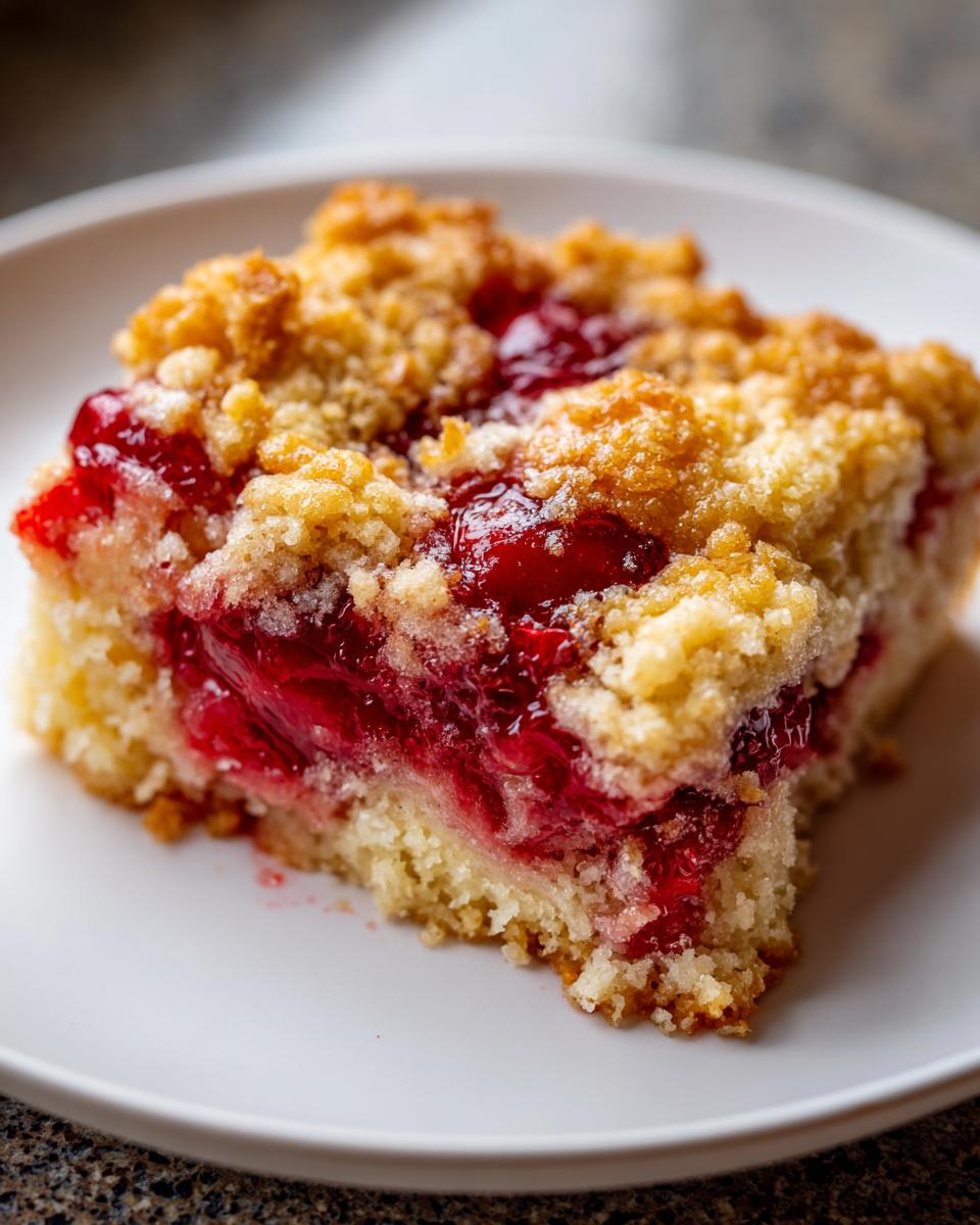 Close-up of a square slice of cherry dump cake with a crumbly topping on a white plate.