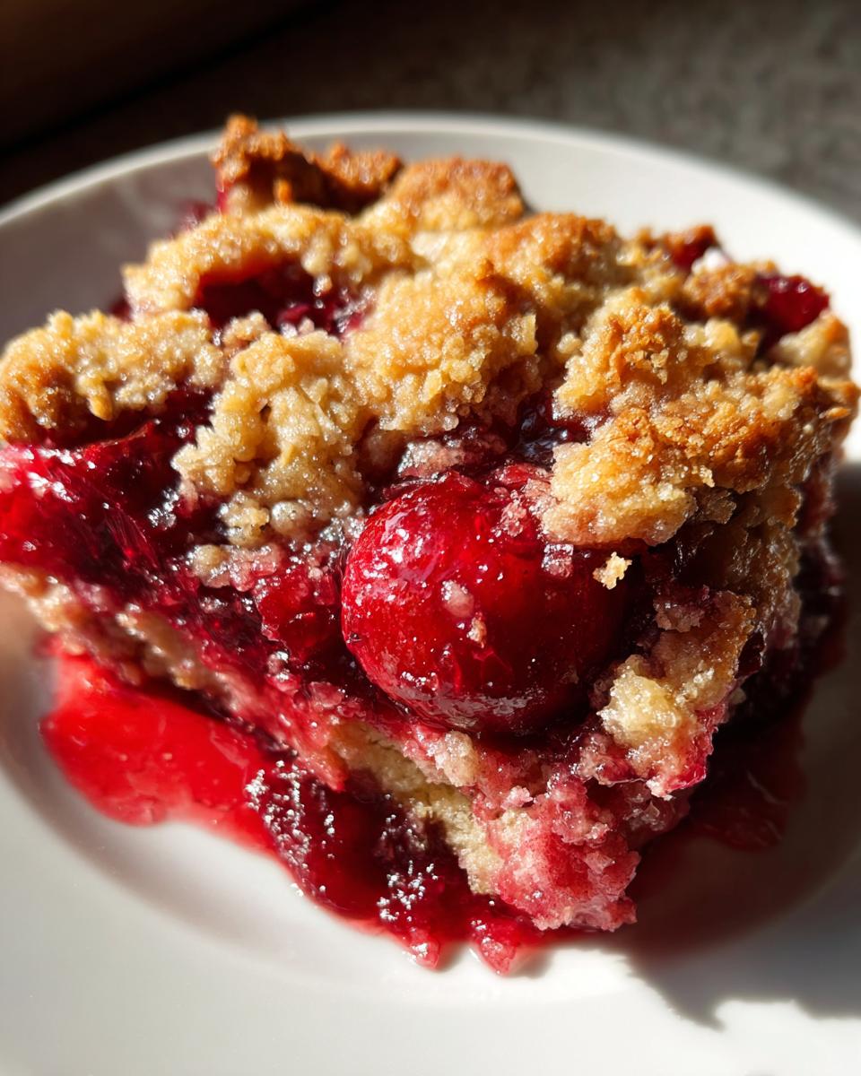 A close-up, sunlit slice of moist cherry dump cake showing a whole cherry nestled in the gooey filling and crumbly topping.