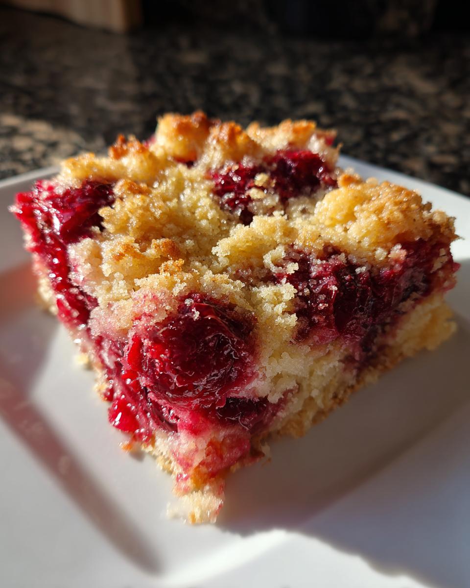 A square slice of moist cherry dump cake showing a bright red cherry filling and a golden, crumbly topping.