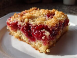 Close-up of a square slice of cherry dump cake showing the bright red filling and crumbly topping.