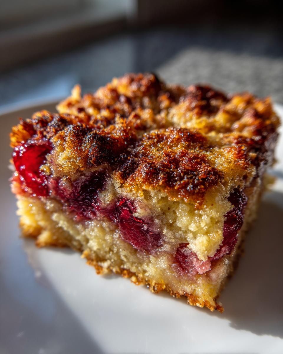 A close-up, sunlit slice of moist cherry dump cake showing the bright red fruit baked into the golden cake base.