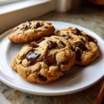 Four freshly baked, thick chocolate chip cookies piled on a white plate, showing melted chocolate chunks.