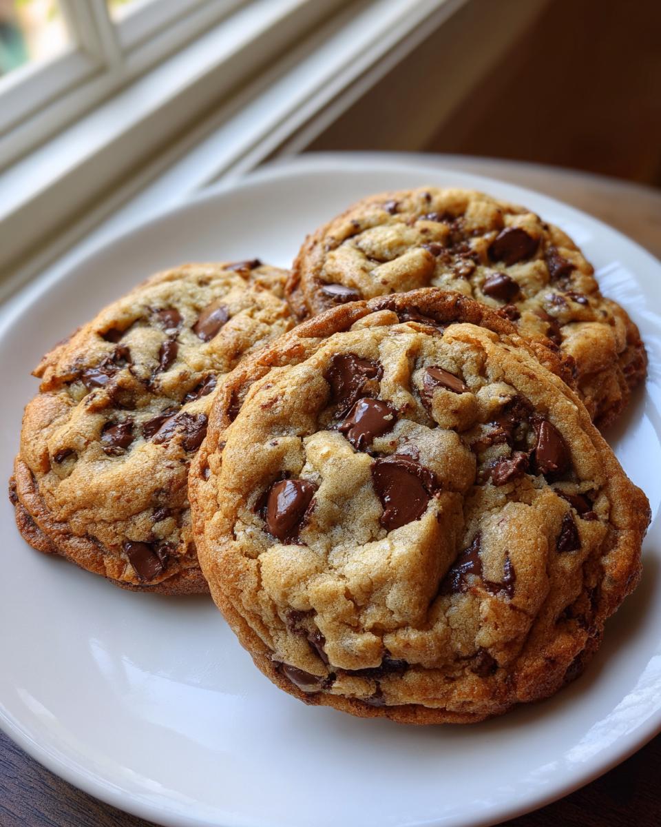 Close-up of three thick, freshly baked chocolate chip cookies piled on a white plate near a window.