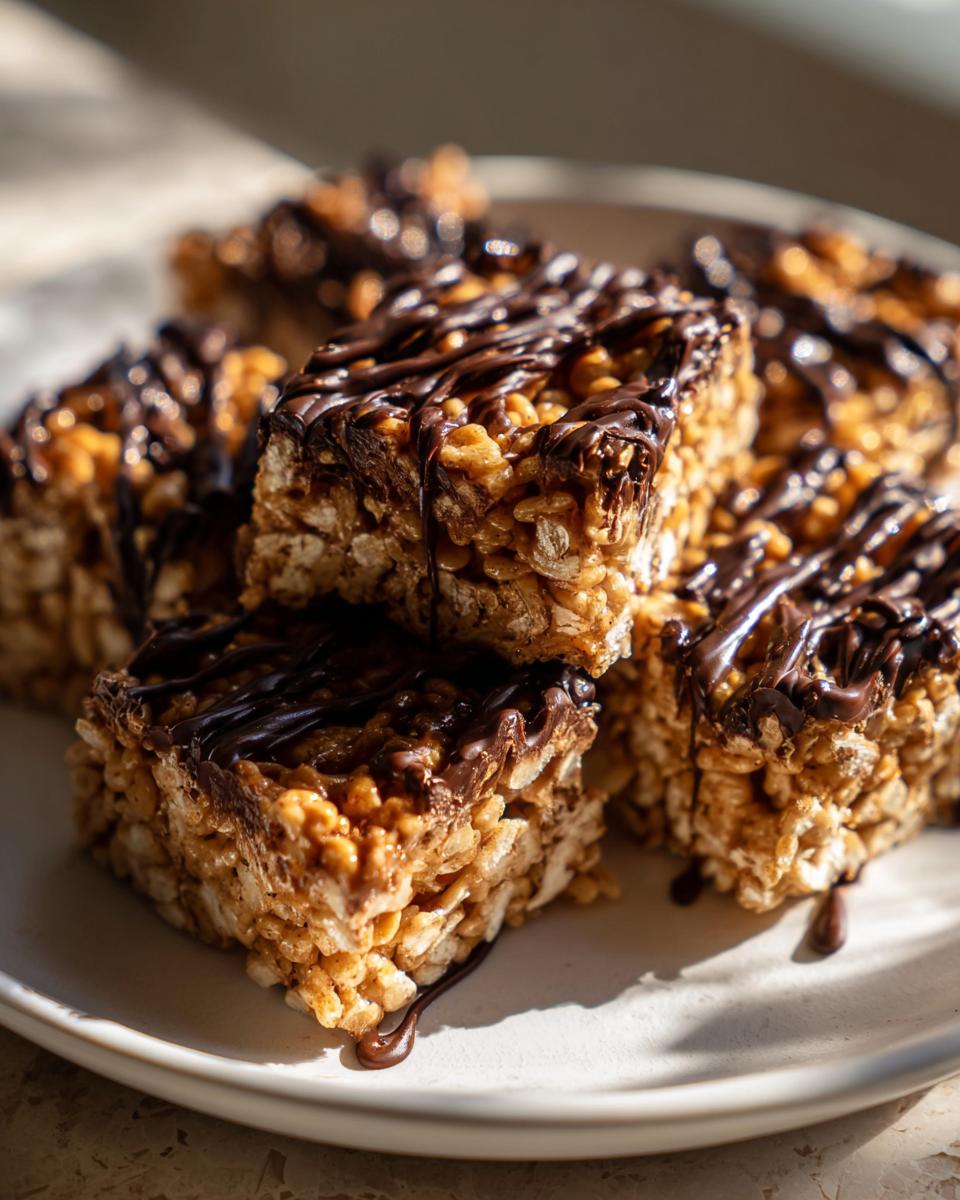 Close-up of several chewy peanut butter rice krispie treats stacked on a plate, drizzled with melted chocolate.