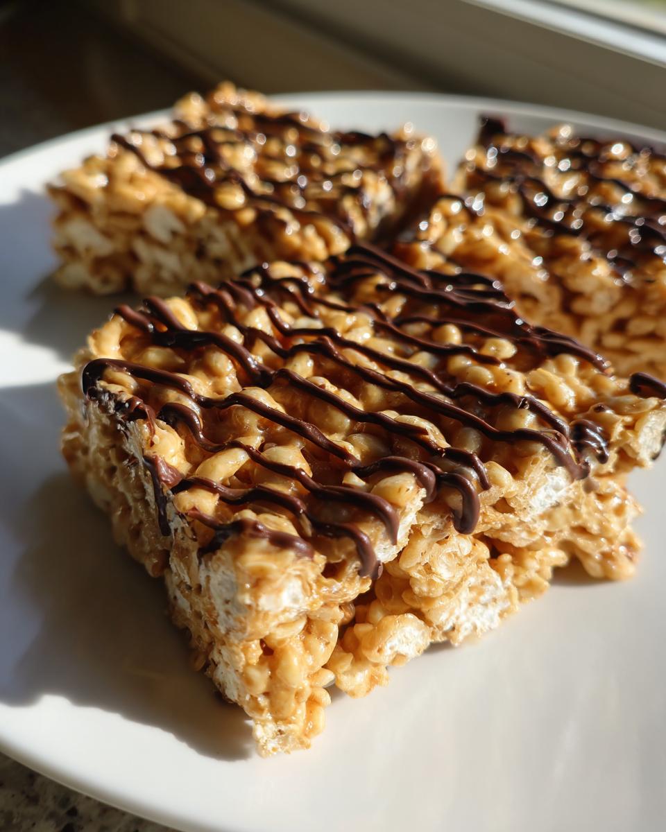 Close-up of chewy peanut butter rice krispie treats drizzled with melted chocolate on a white plate.