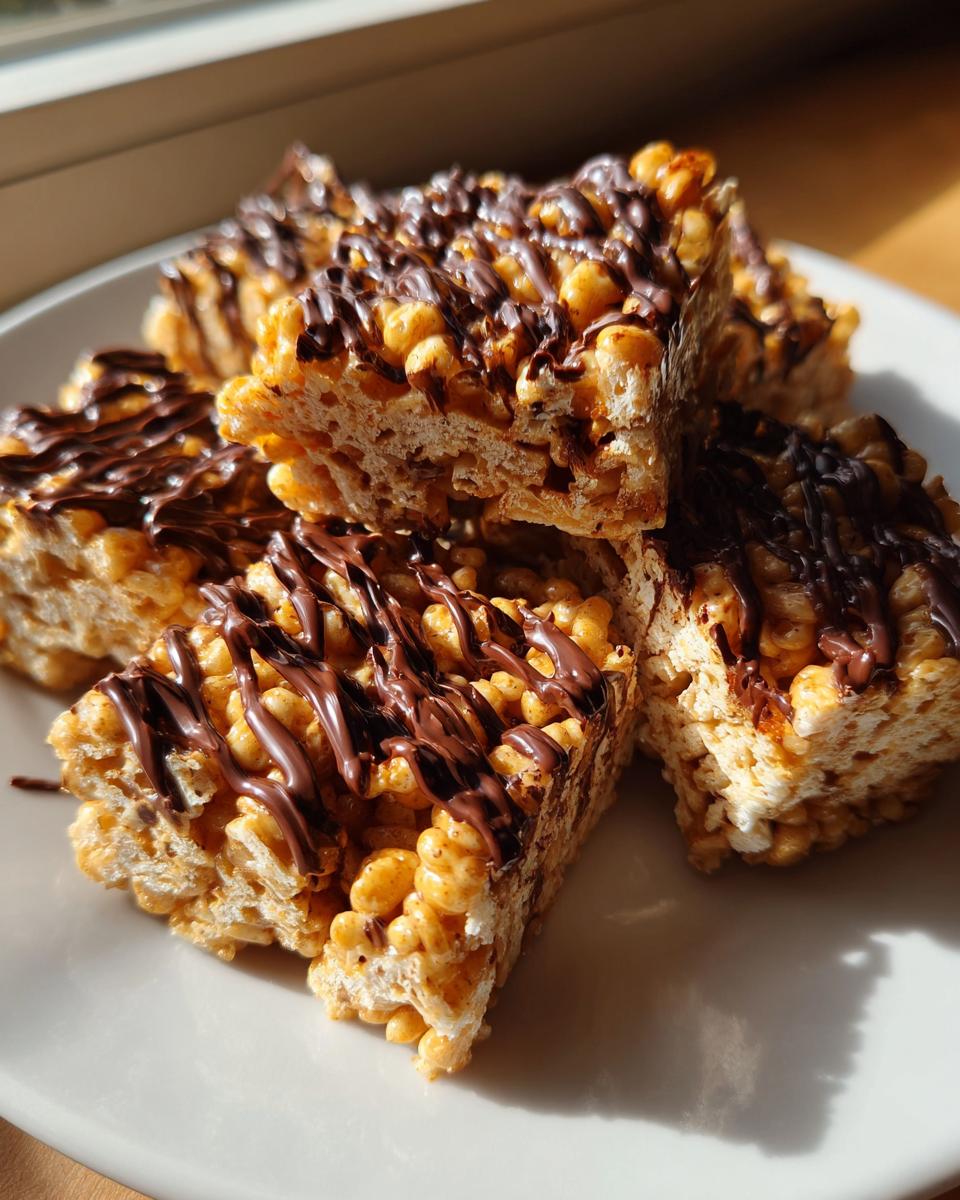 Close-up of stacked, chewy peanut butter rice krispie treats drizzled generously with melted chocolate.