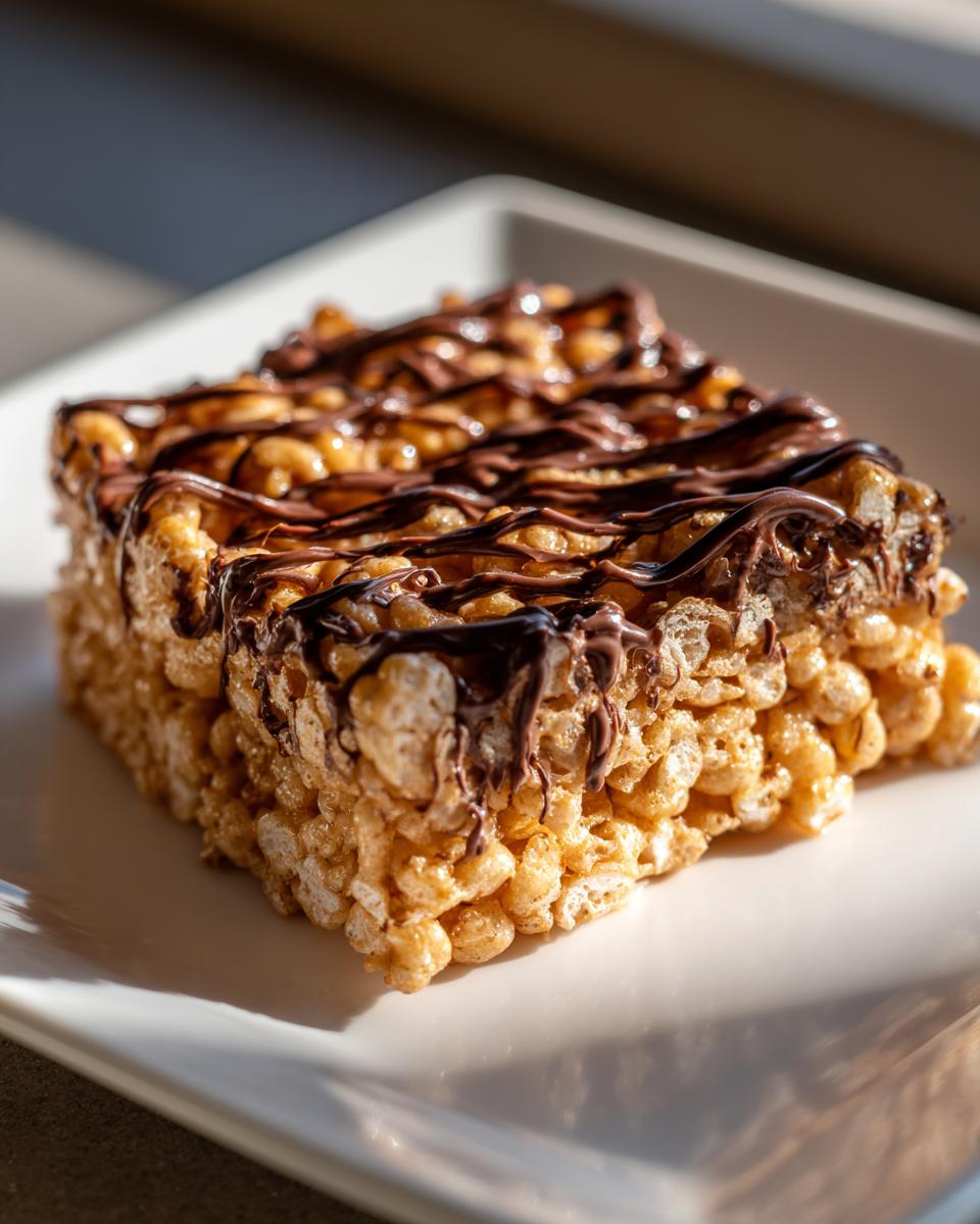 A close-up of a chewy peanut butter rice krispie treats square drizzled generously with melted chocolate.