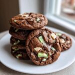 A stack of four chewy peppermint chocolate chip cookies featuring dark chocolate, white chocolate chunks, and bright green peppermint pieces.