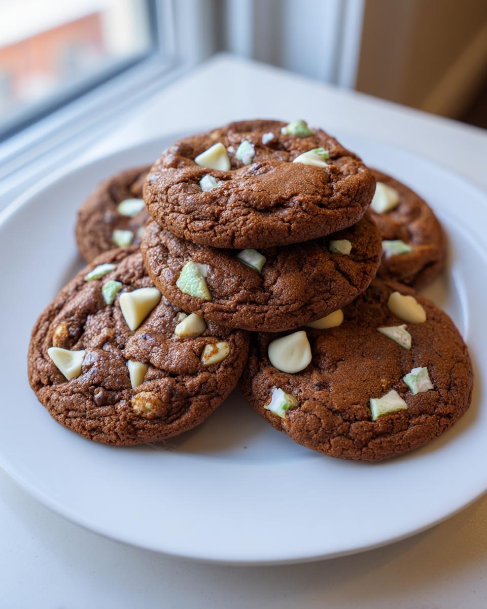 A stack of five chewy peppermint chocolate chip cookies featuring white and mint chocolate chunks on a white plate.