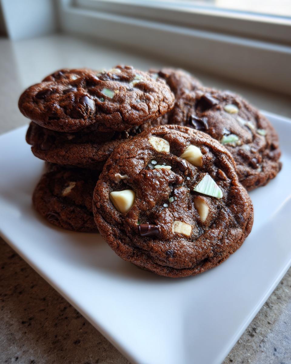 A stack of chewy, dark chocolate peppermint chocolate chip cookies featuring white and mint green chips.