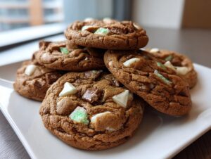 A stack of chewy peppermint chocolate chip cookies featuring white and green mint chips on a white plate.