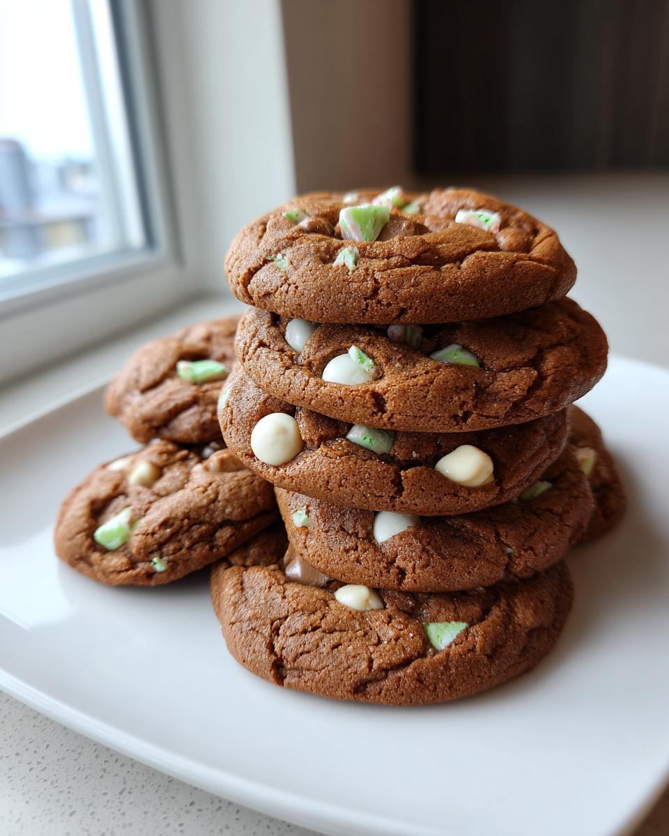 A tall stack of chewy peppermint chocolate chip cookies featuring white and green chips on a white plate.