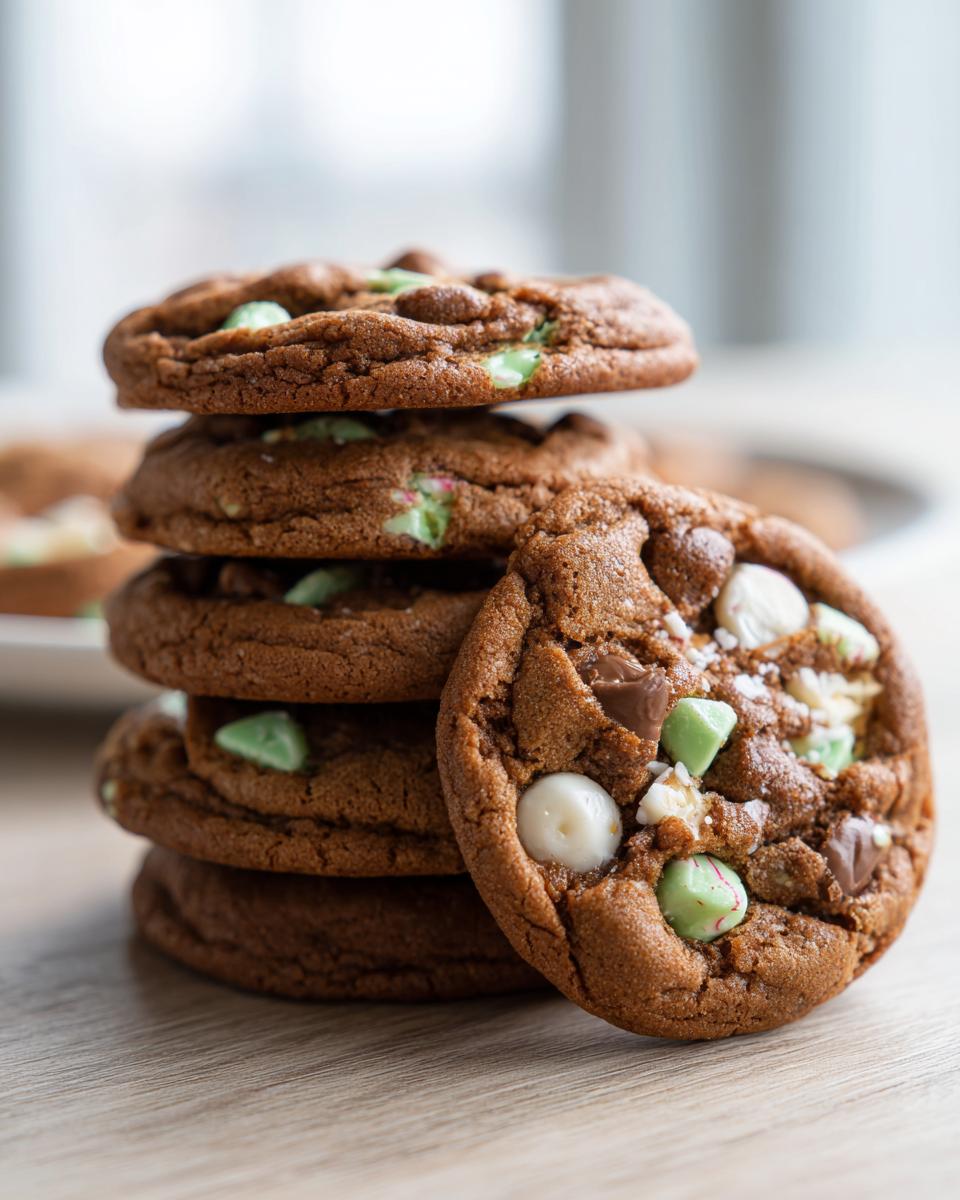 A stack of four chewy peppermint chocolate chip cookies with one leaning against the stack.