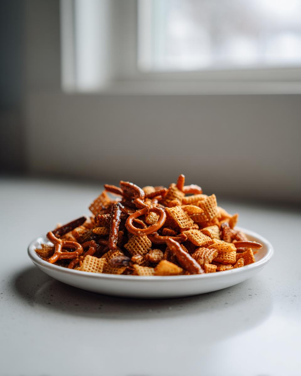A close-up of a white bowl piled high with savory, seasoned chex party mix, including Chex cereal and pretzels.