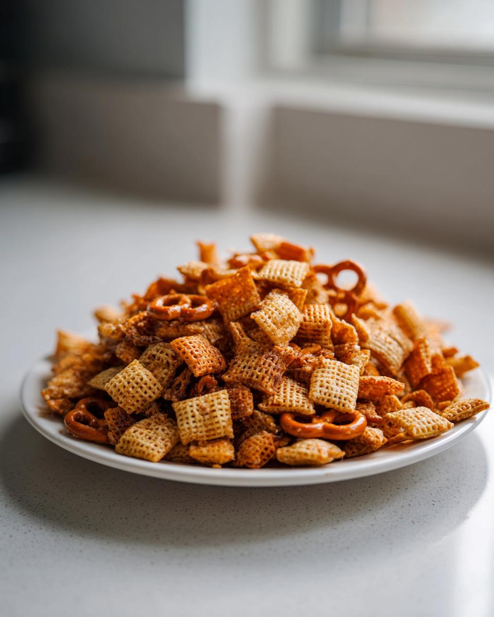A close-up of a white plate piled high with seasoned Chex party mix and small pretzels.