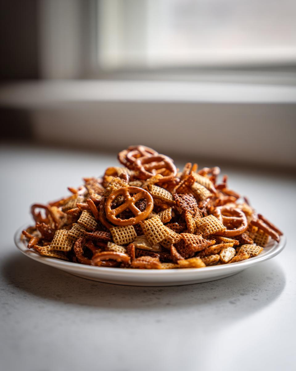 A close-up of a white plate piled high with crunchy, seasoned chex party mix, featuring Chex cereal and pretzels.