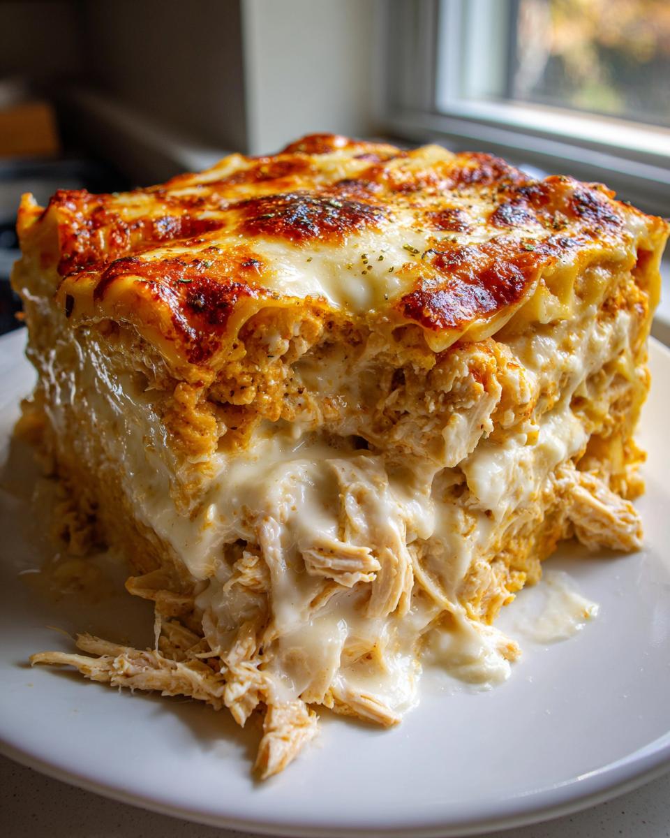 A thick, cheesy slice of chicken alfredo lasagna with melted sauce oozing out onto a white plate.