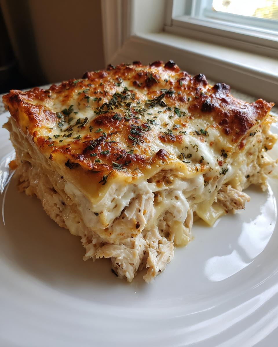 A generous slice of baked chicken alfredo lasagna showing layers of shredded chicken, creamy sauce, and browned cheese topping.