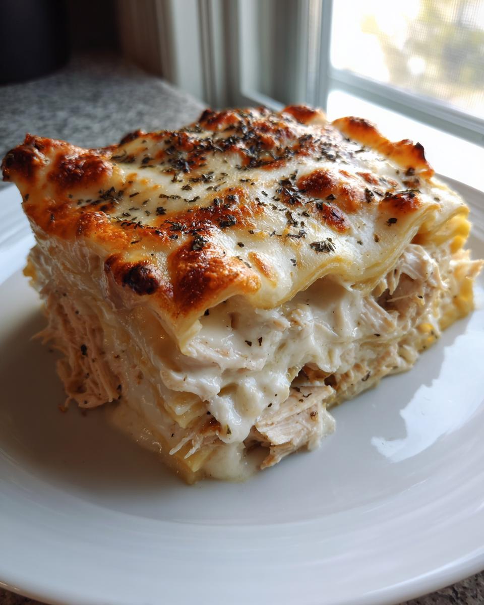 A thick, square slice of cheesy chicken alfredo lasagna showing layers of pasta, shredded chicken, and creamy sauce, topped with browned cheese and herbs.