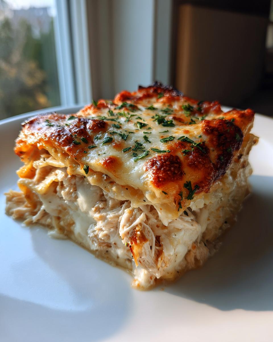 A generous slice of rich chicken alfredo lasagna featuring layers of pasta, shredded chicken, and a bubbly, browned cheese topping.