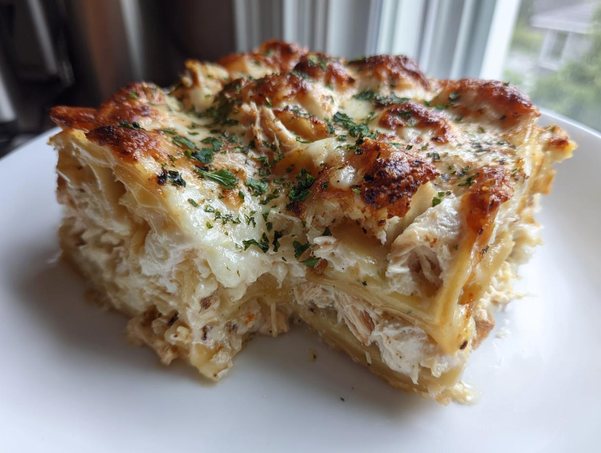 A generous slice of chicken alfredo lasagna showing layers of pasta, creamy filling, shredded chicken, and a golden, cheesy top sprinkled with parsley.