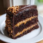 A decadent slice of chocolate caramel toffee crunch cake with rich dark layers and gooey caramel filling.