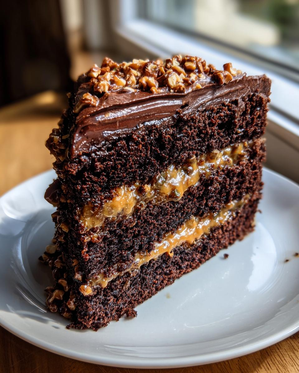 A tall slice of chocolate caramel toffee crunch cake featuring three layers of dark chocolate cake, caramel filling, and chocolate frosting topped with nuts.