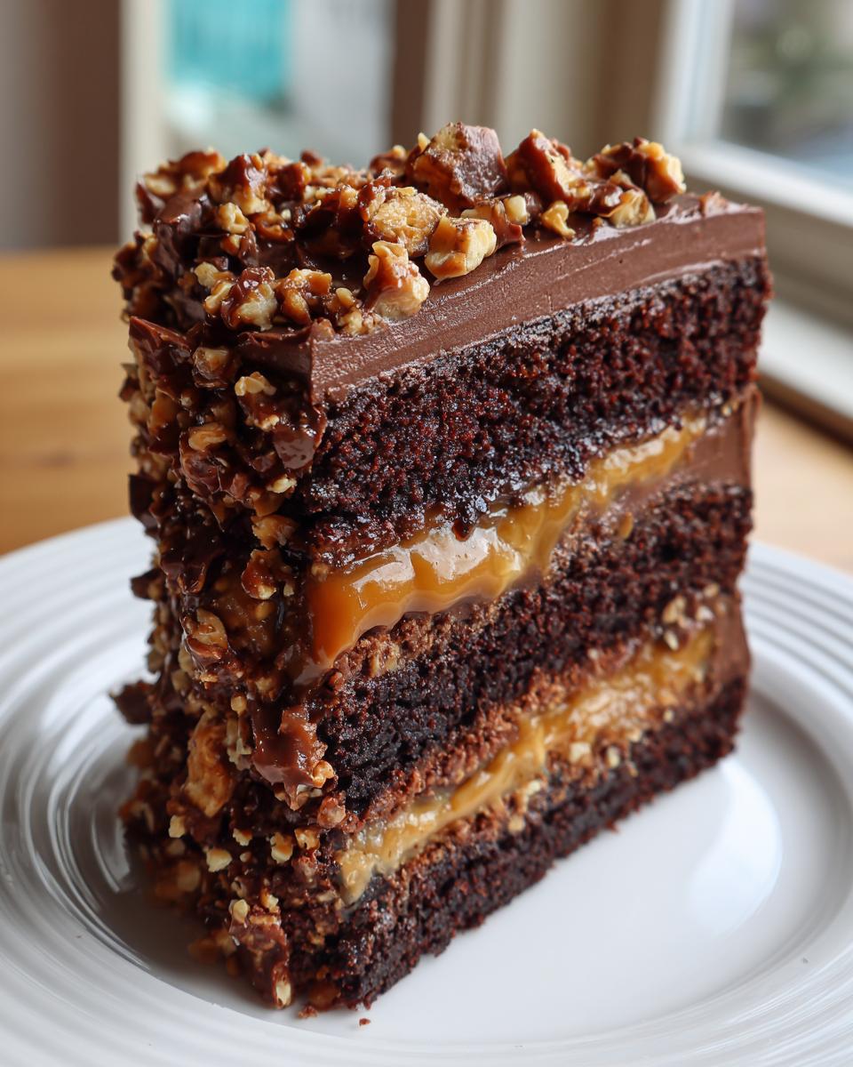 A tall slice of chocolate caramel toffee crunch cake showing three dark chocolate layers, thick caramel filling, and crunchy nut topping.