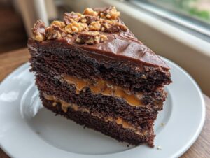 A tall, decadent slice of chocolate caramel toffee crunch cake with rich frosting and visible caramel layers.