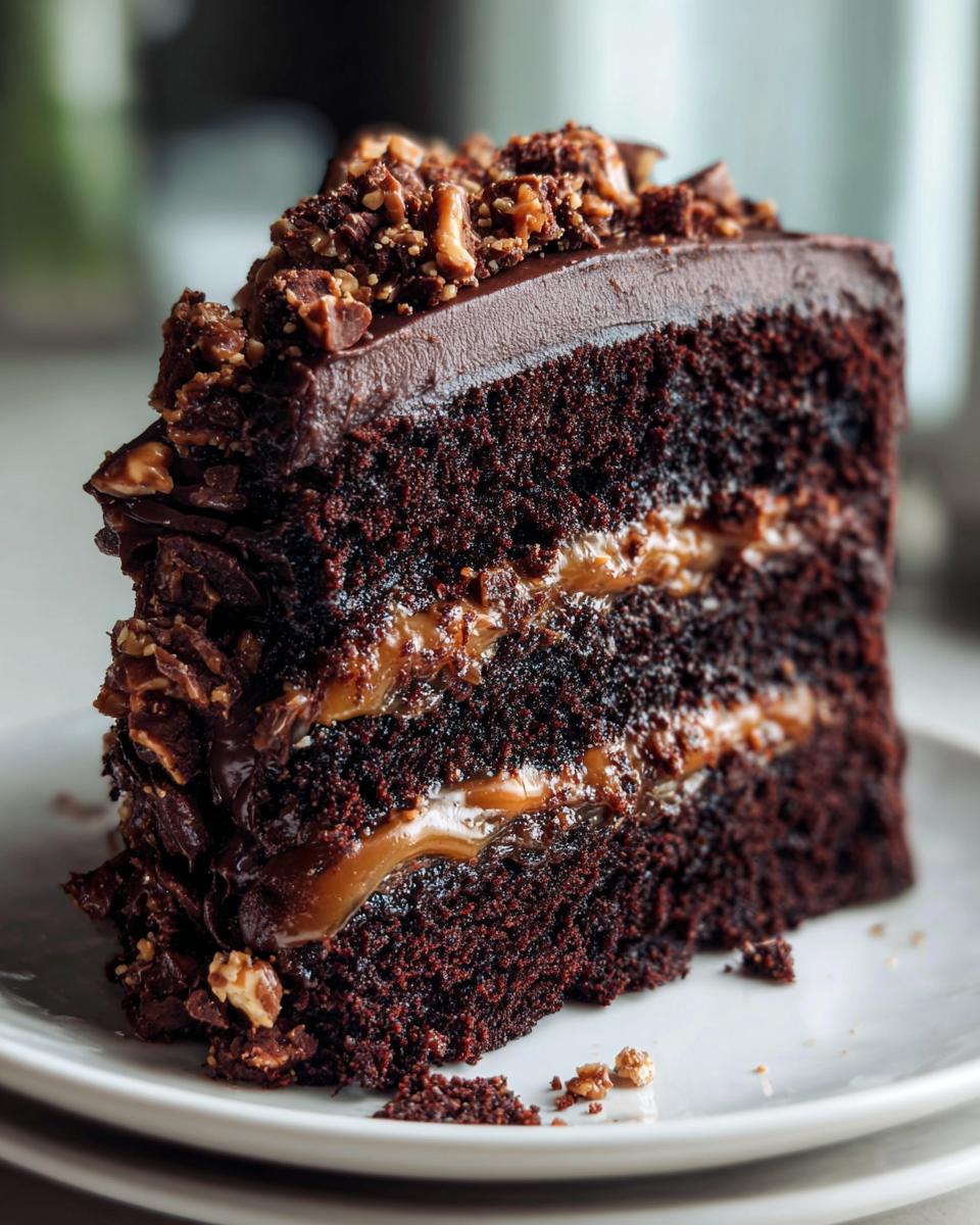 Close-up of a rich slice of chocolate caramel toffee crunch cake with visible layers of dark cake and gooey caramel filling.