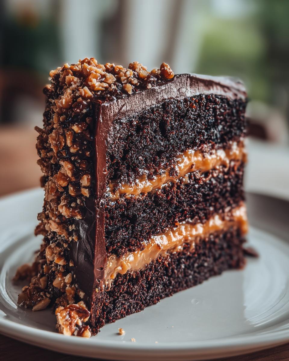 A decadent slice of chocolate caramel toffee crunch cake showing rich dark layers and caramel filling.