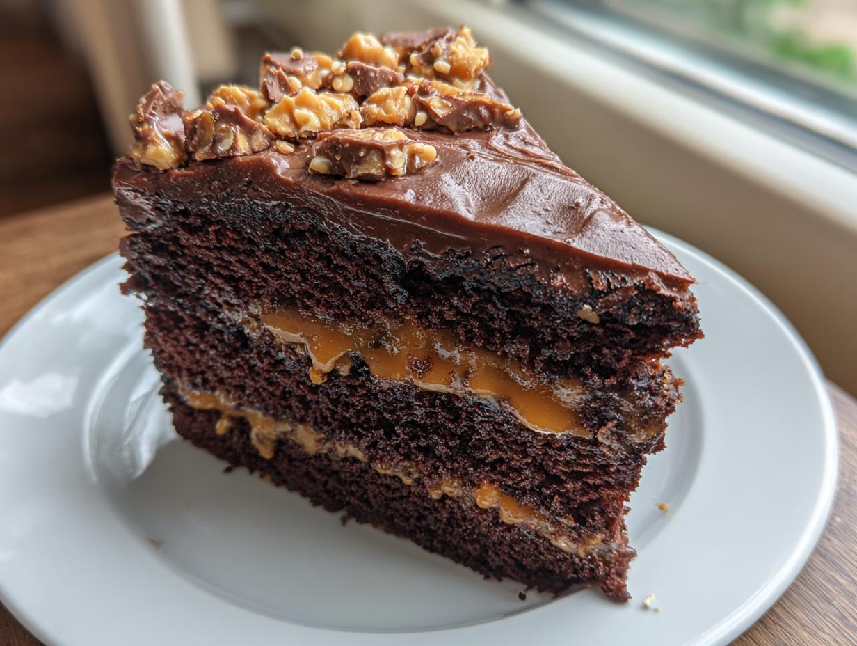 A tall, decadent slice of chocolate caramel toffee crunch cake with rich frosting and visible caramel layers.