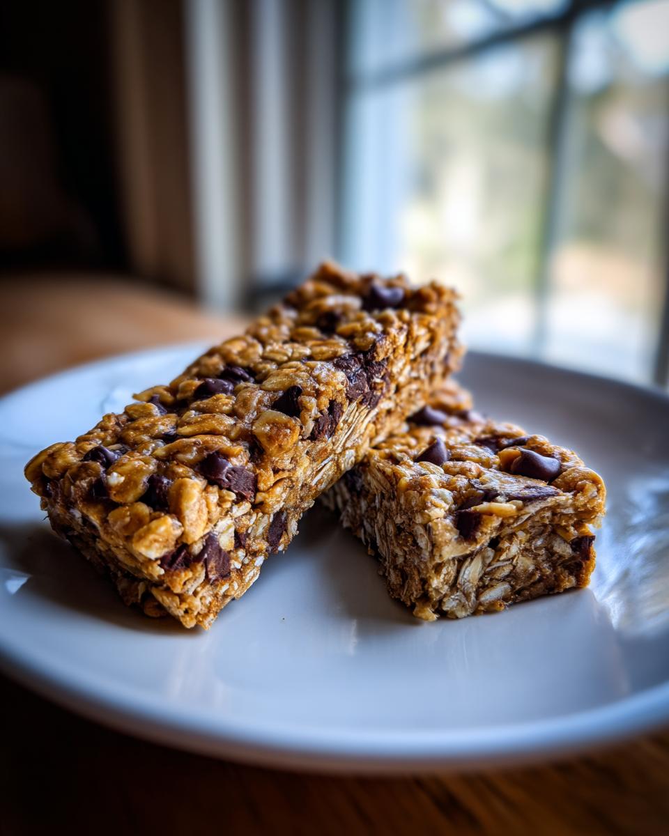 Two rich, chewy no bake granola bars packed with oats and chocolate chips resting on a white plate.