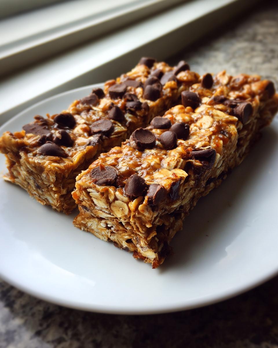 Close-up of three stacked no bake granola bars topped generously with melted chocolate chips, resting on a white plate.