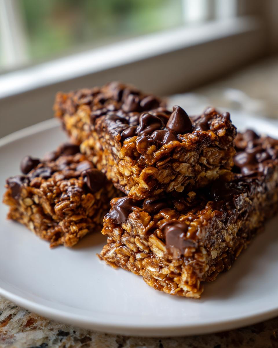 Four rich, chewy no bake granola bars stacked on a white plate, topped with melted chocolate chips.
