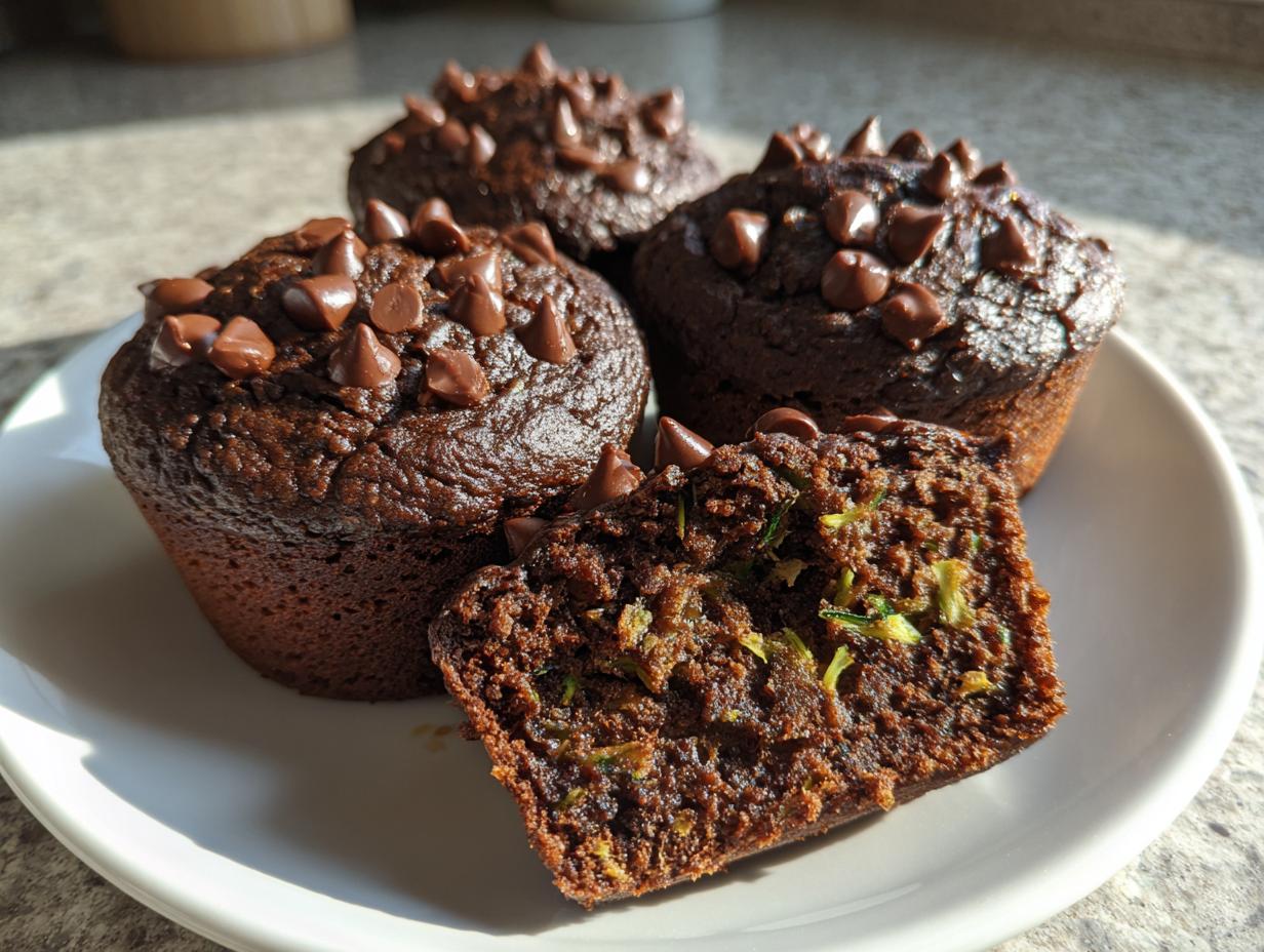 Close-up of three chocolate zucchini muffins topped with chips, one cut open showing shredded zucchini inside.
