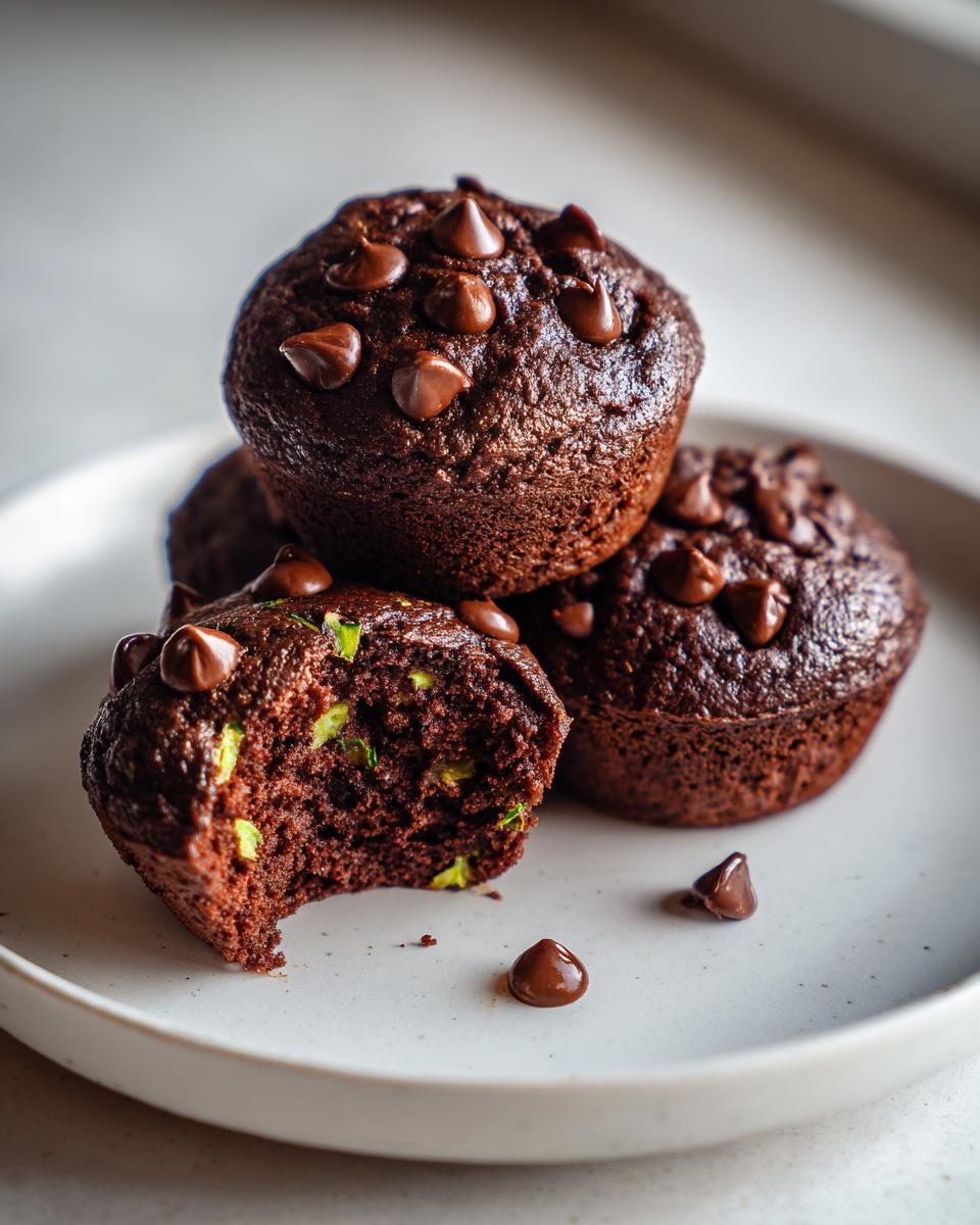 A stack of rich chocolate zucchini muffins topped with chocolate chips, one muffin is bitten into showing green zucchini flecks.
