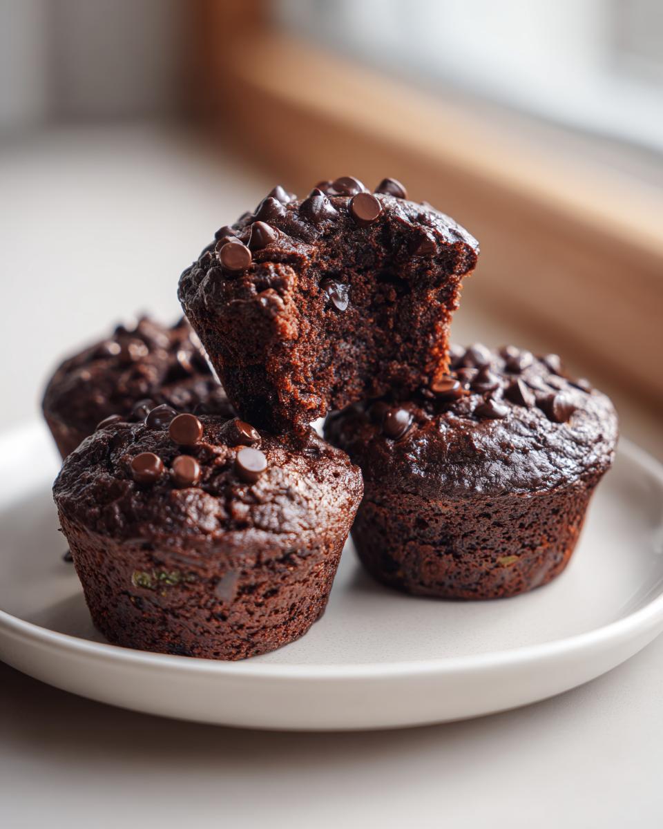 A stack of four rich, dark chocolate zucchini muffins topped with chocolate chips, one broken open to show the moist interior.